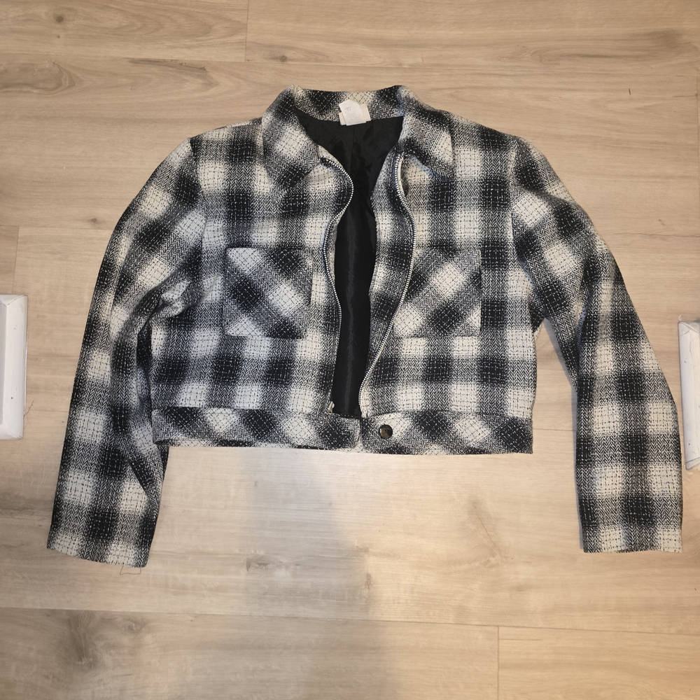 1990's Crop Plaid Black and White Women's Bolero Jacket
